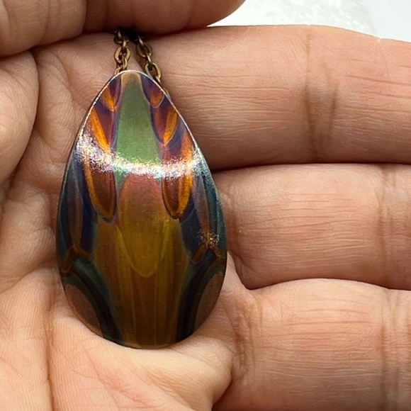 Copper Painted  Teardrop Pendant Necklace Artisan Made One of a kind Colorful - Picture 7 of 15